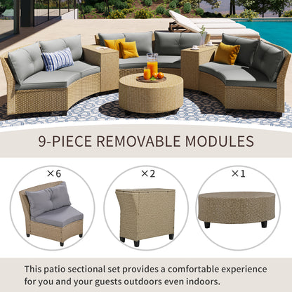 Hester 8 Pc Outdoor Rattan Wicker Half-Moon Sectional Sofa Set - Gray