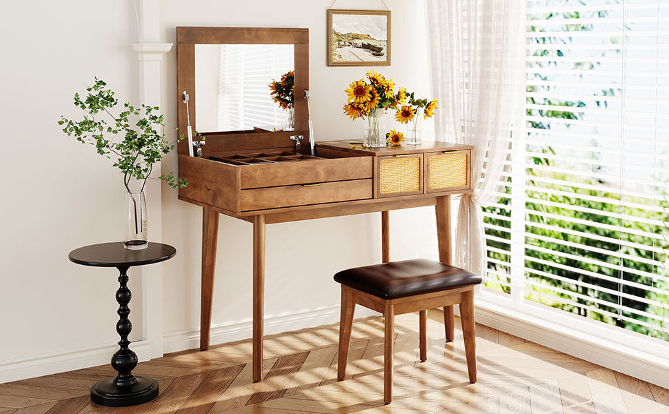 Volay Makeup Vanity Desk Set with Flip-top Mirror - Brown