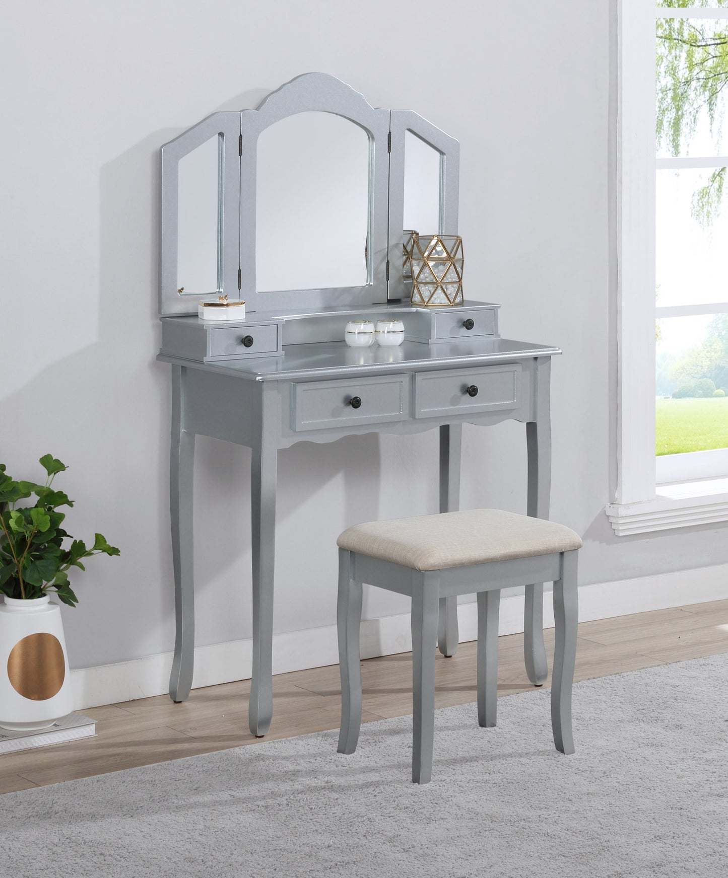 Sanlo Wooden Vanity Make Up Table and Stool Set - Silver