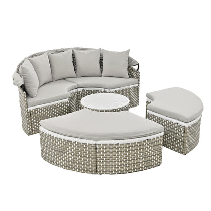 Malena 5 Pc Round Rattan Sectional Sofa Set with Retractable Canopy - Gray