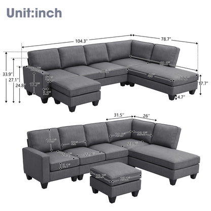 Vortex 7-seat Linen Fabric L-shaped Sectional Sofa - Gray