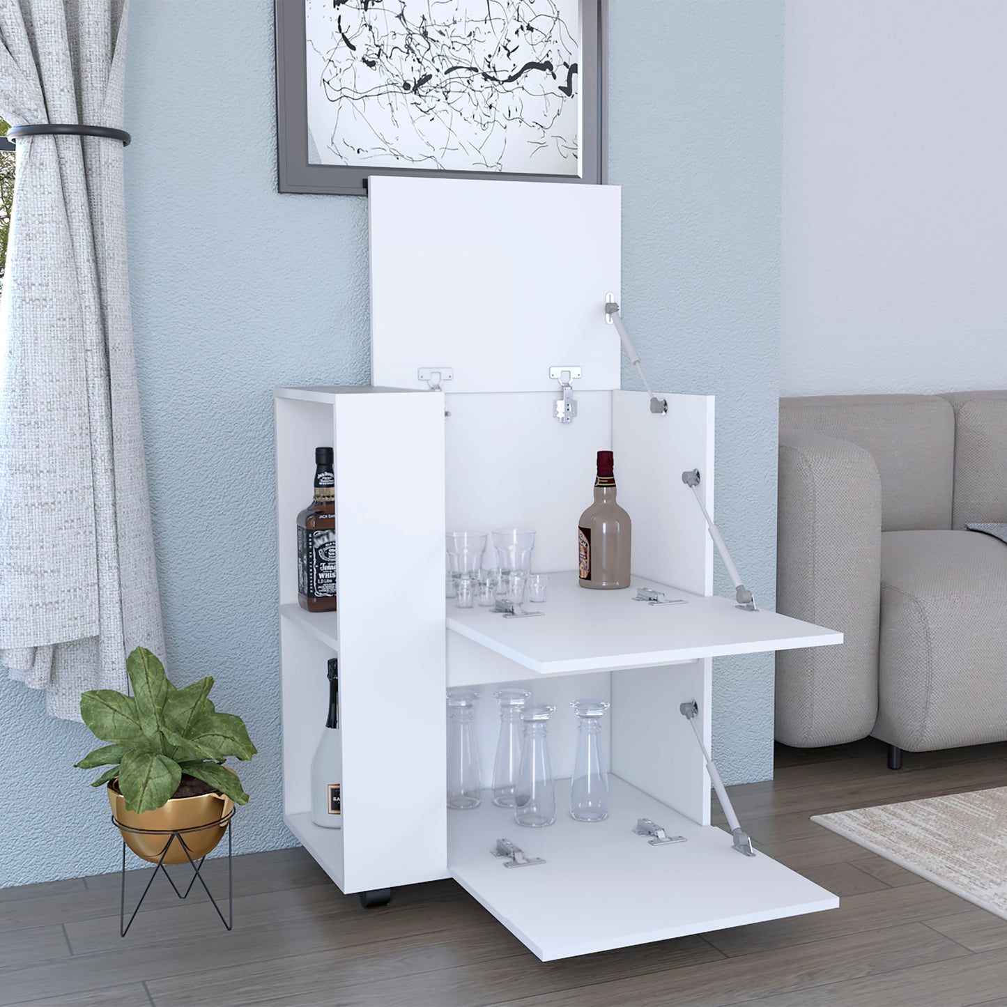 Glasgow Bar Cart Pull-Down Door Cabinet- White