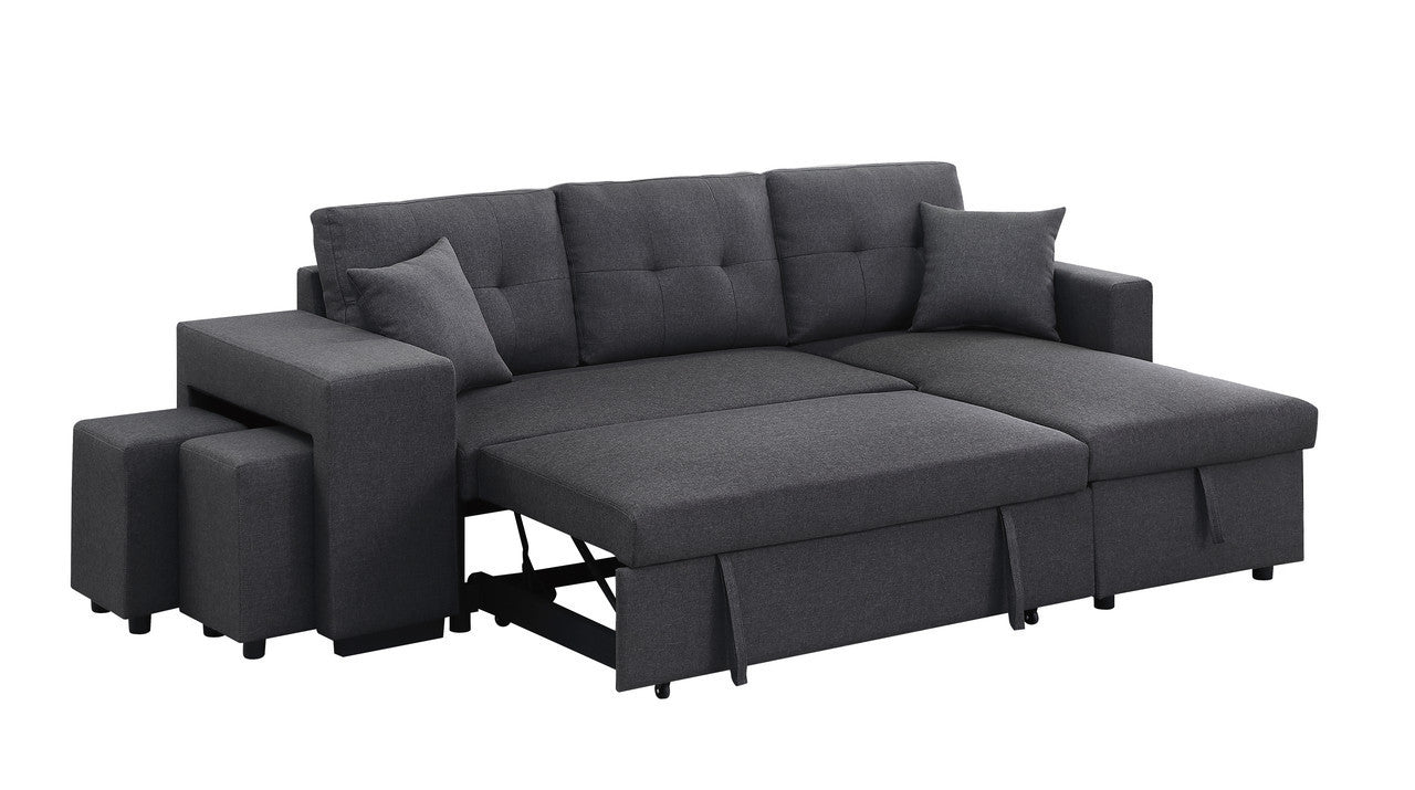 Dennis Fabric Reversible Sleeper Sectional with Storage Chaise and 2 Stools - Dark Gray