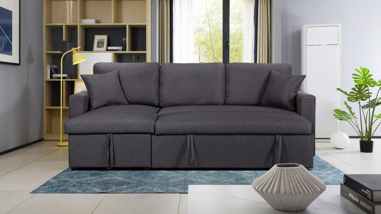 Paisley Linen Fabric Reversible Sleeper Sectional Sofa with Storage - Dark Gray