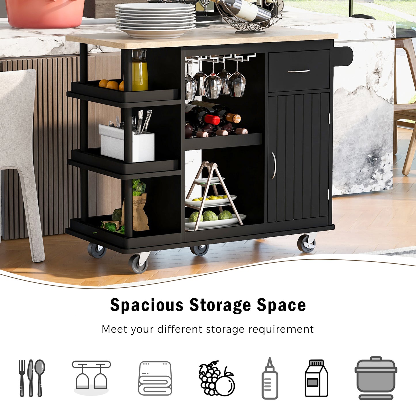 Elara Multipurpose Kitchen Cart Cabinet with Side Storage - Black