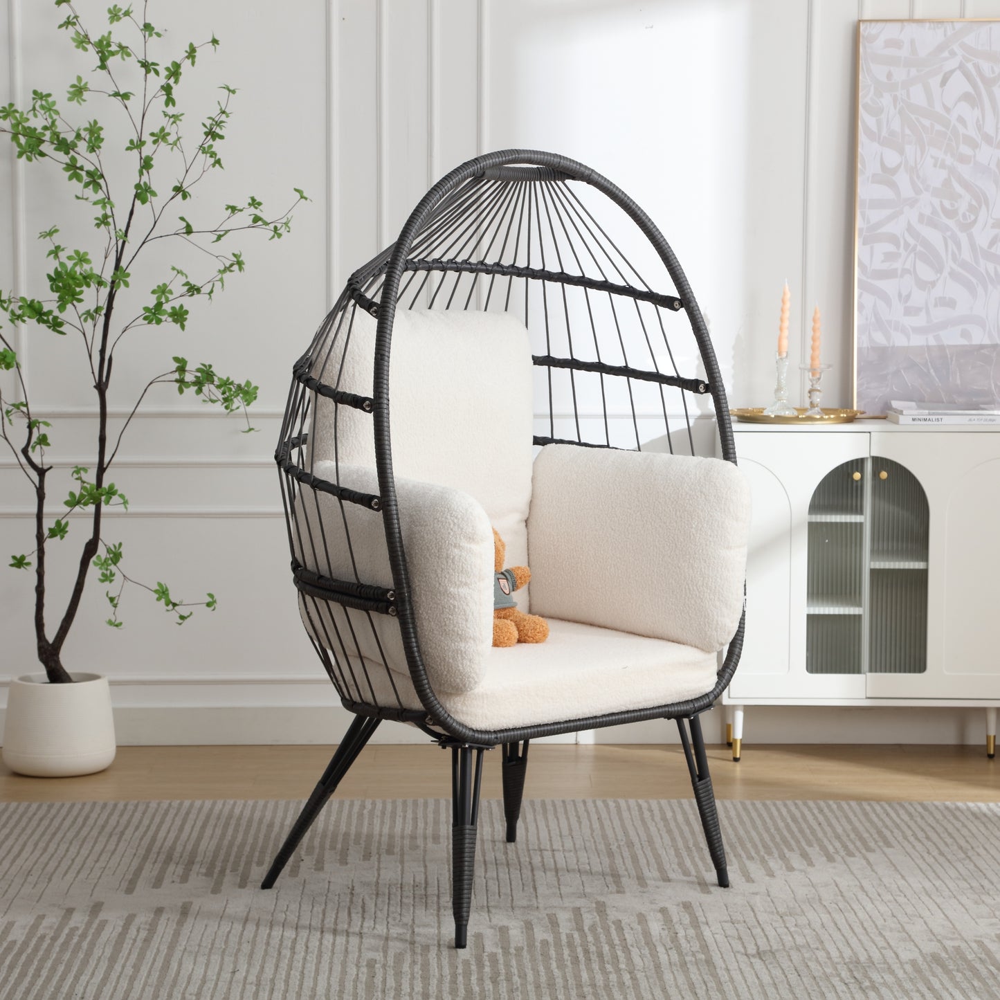 Mora Egg Wicker Outdoor Indoor Basket Chair - White Teddy