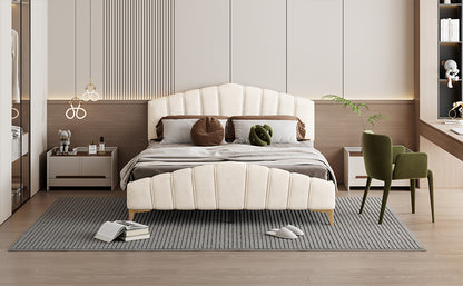 ZuZu Queen Size Velvet Platform Bed with Metal Bed Leg - Beige