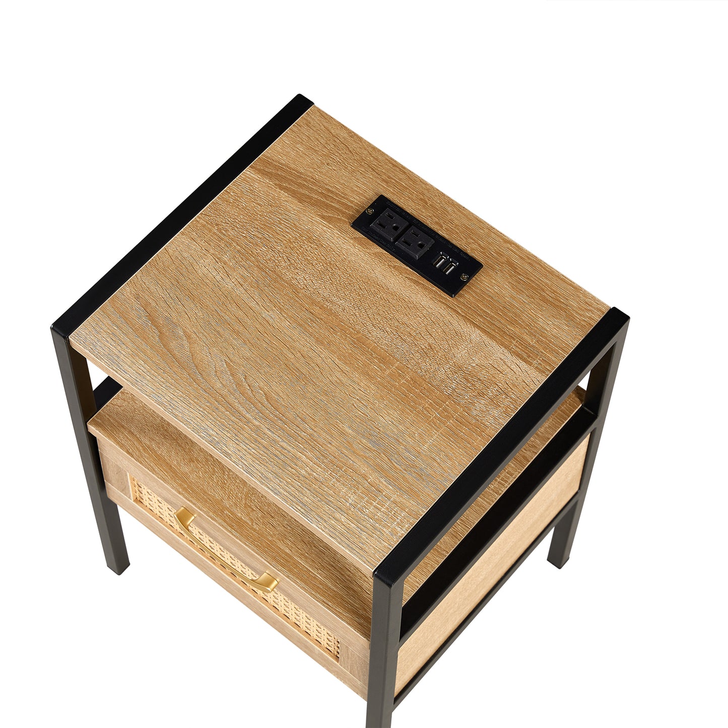 Rattan End table with Power Outlet  & USB Ports Modern nightstand  - Natural