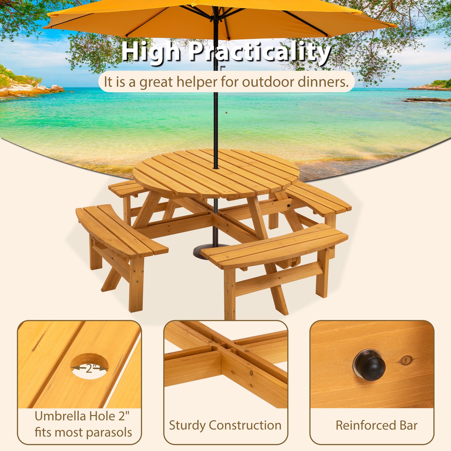 Nix 8-Person Circular Outdoor Wooden Picnic Table - Natural