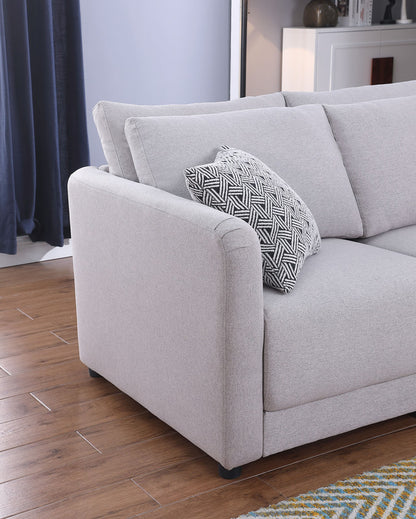 Penelope Linen Fabric Reversible L-Shape Sectional Sofa with Ottoman and Pillows -  Light Gray