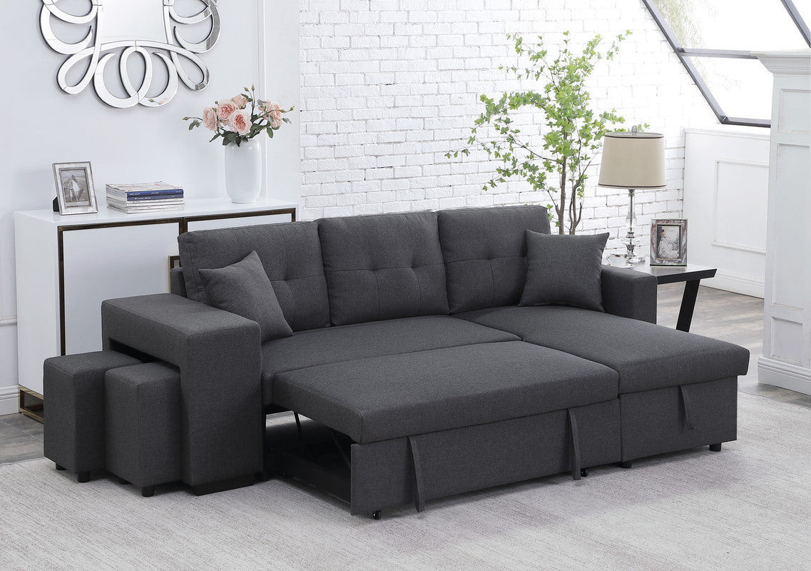 Dennis Fabric Reversible Sleeper Sectional with Storage Chaise and 2 Stools - Dark Gray