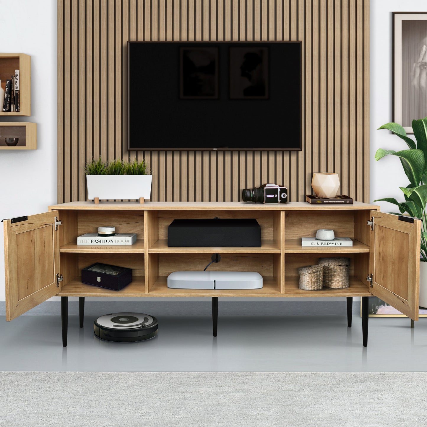 Tula Wooden TV Stand with Rattan Decorated Doors - Natural