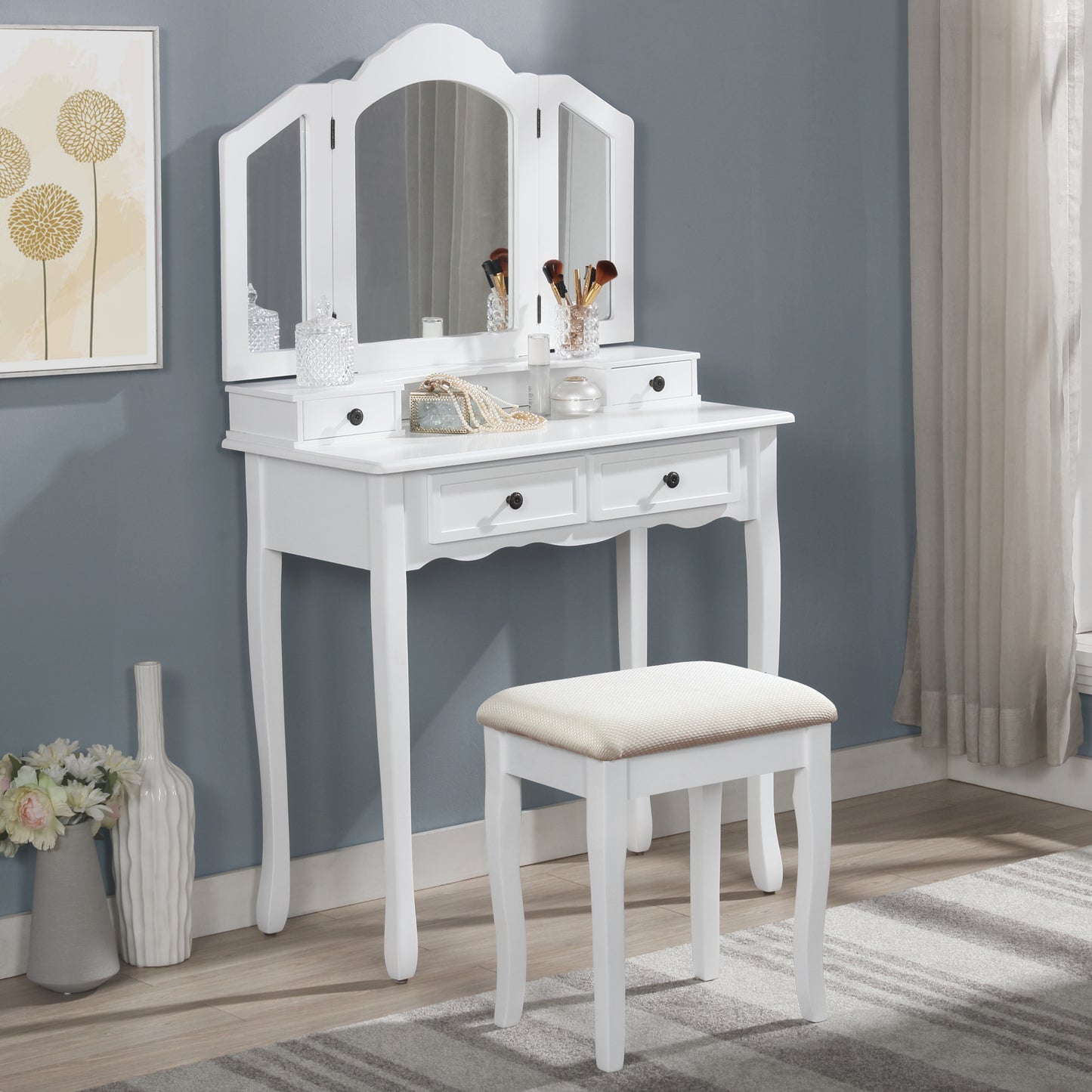 Sanlo Wooden Vanity Make Up Table and Stool Set - White