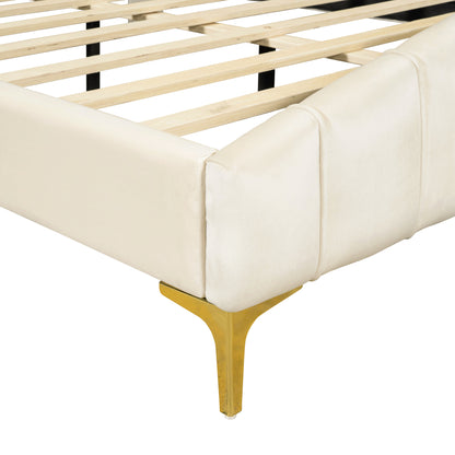 ZuZu Queen Size Velvet Platform Bed with Metal Bed Leg - Beige