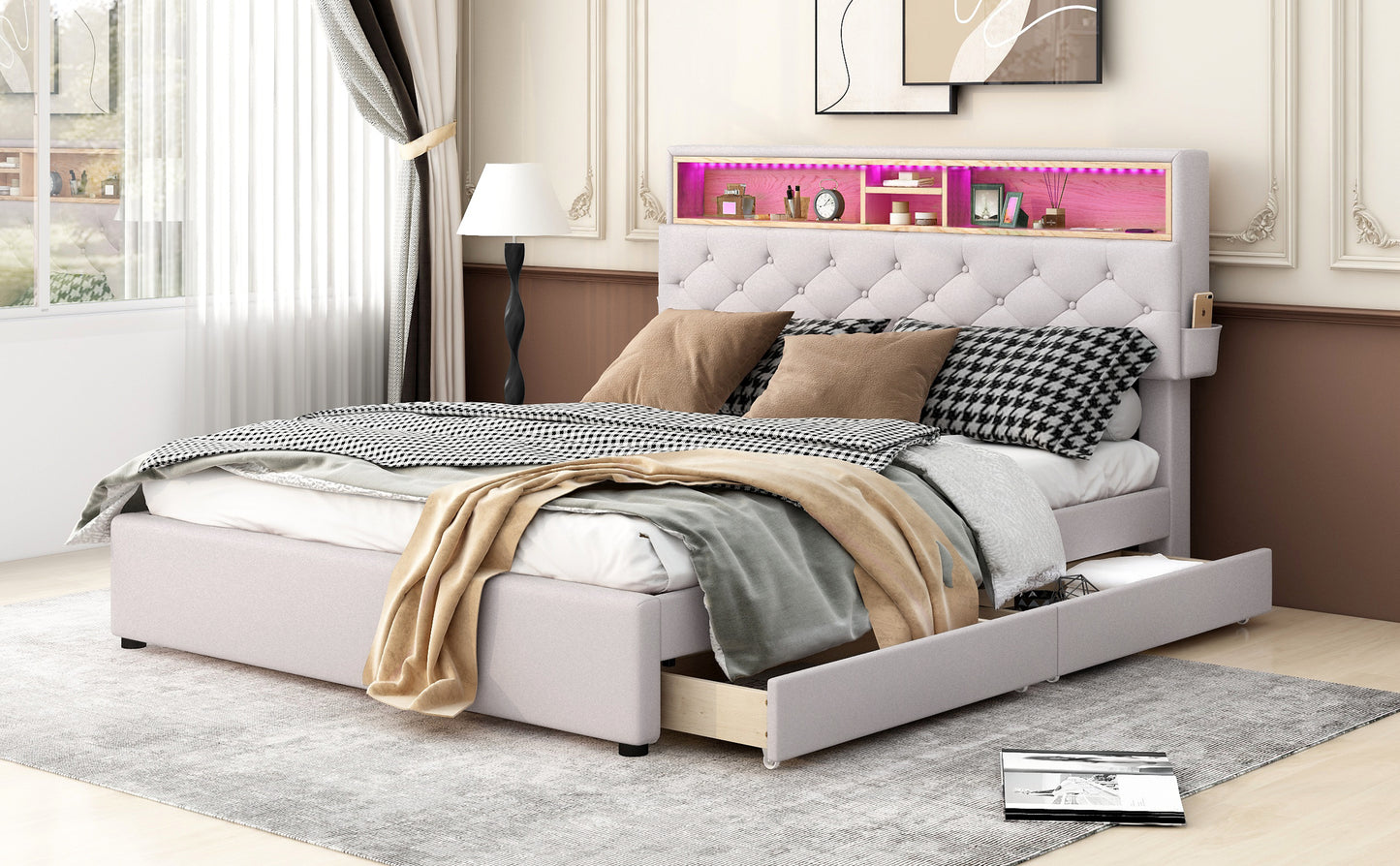 Nectar Queen Size Upholstered Platform Bed - Beige