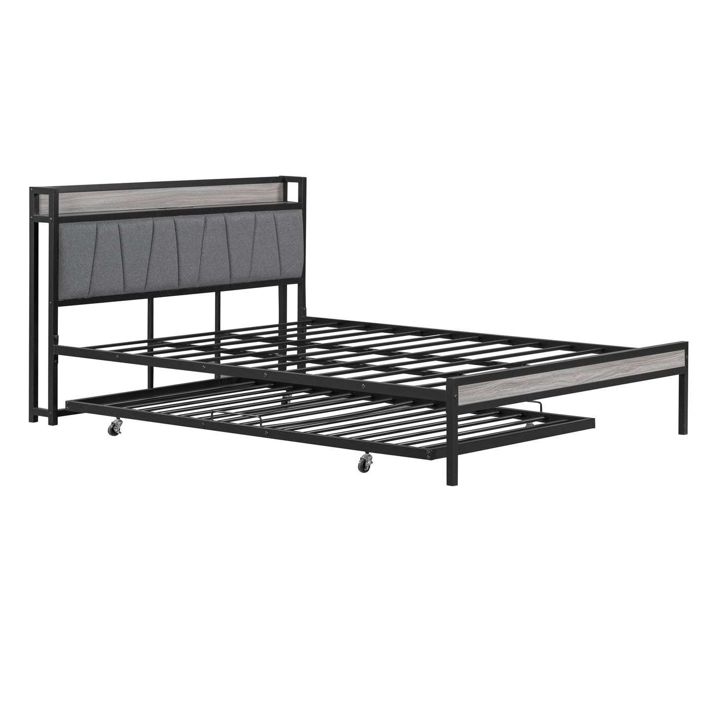 Quest Queen Size Metal Platform Bed Frame with Trundle - Black