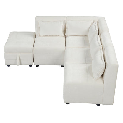 Lexi Sectional Sofa 5-seater Modular Couches with Storage Ottoman - Cream