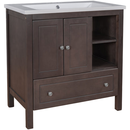 Wooden Bathroom Vanity with Ceramic Sink - Brown