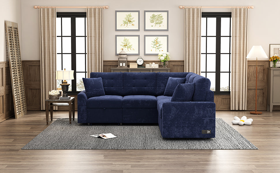 Novak L-shape Sofa Bed Pull-out Sleeper Sofa with Wheels - Navy Blue