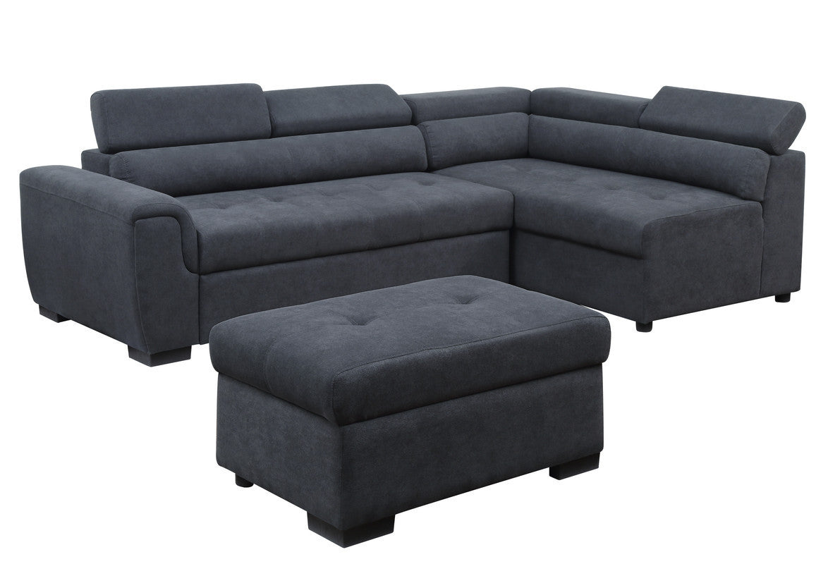 Haris Fabric Sleeper Sofa Sectional with Adjustable Headrest and Storage Ottoman -  Dark Gray