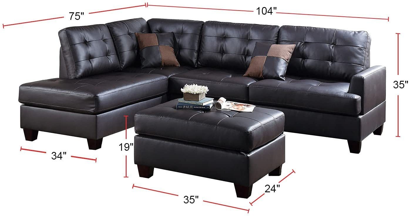 Lucia 3pc Faux Leather Sectional Sofa Set -  Espresso