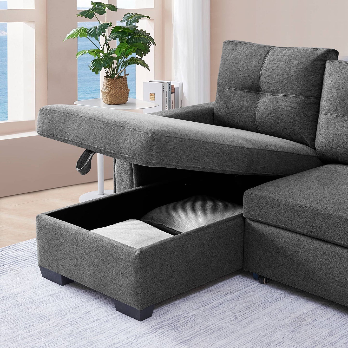 Orion 3-Seater Modular Fabric Convertible Reversible Sleeper Sectional Sofa - Dark Grey