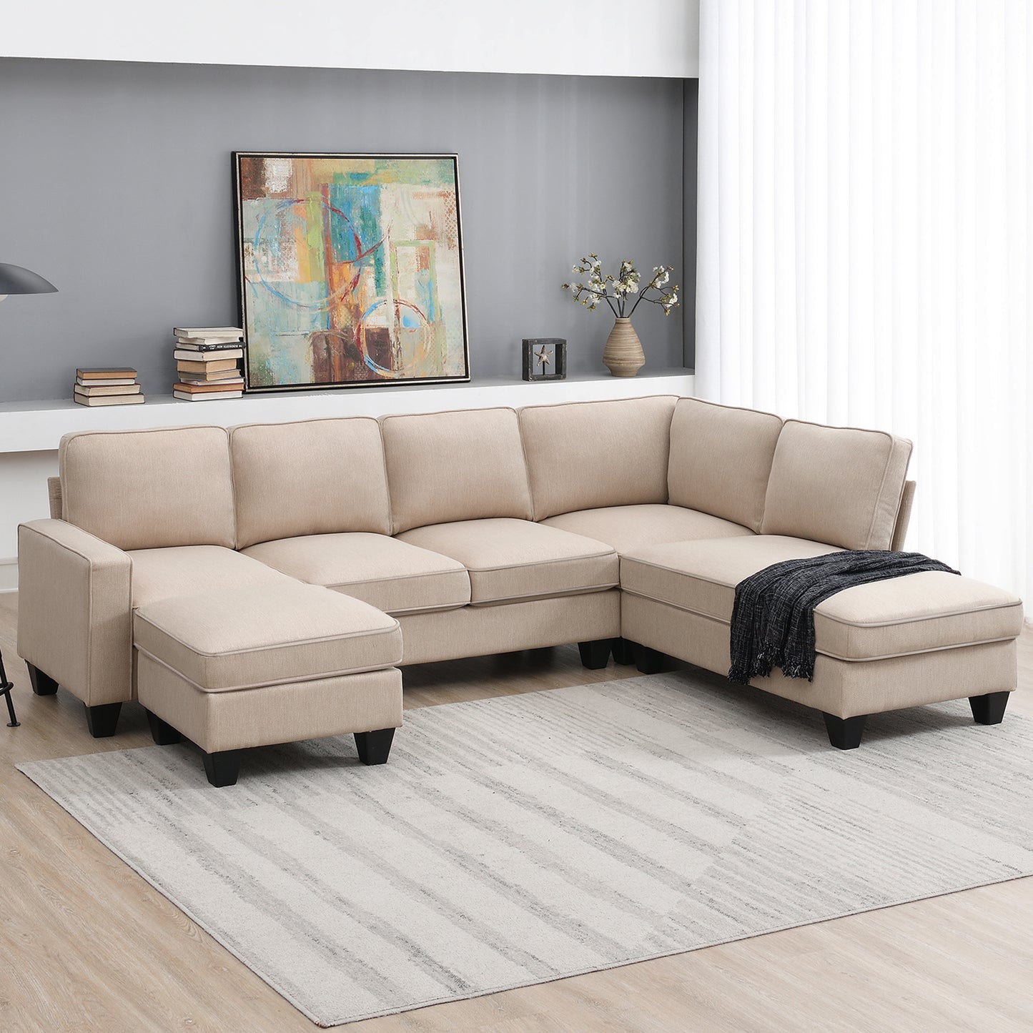 Vortex 7-seat Linen Fabric L-shaped Sectional Sofa - khaki