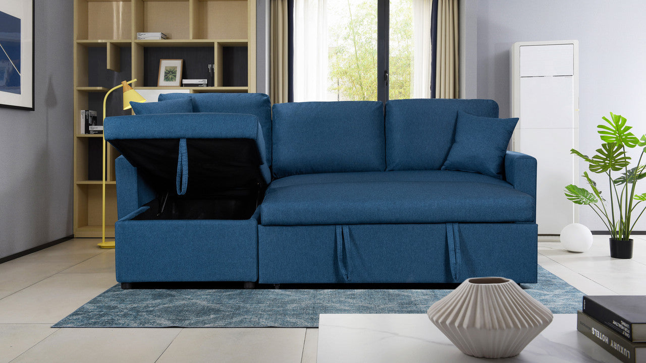 Paisley Linen Fabric Reversible Sleeper Sectional Sofa with Storage -  Blue