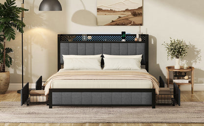 Kie Queen Size Bed Frame with LED - Dark Gray