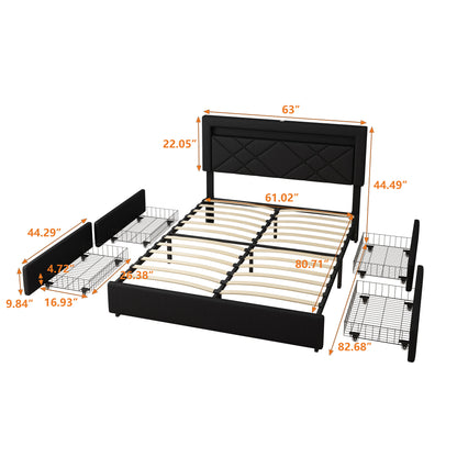 H1 Queen Size Bedframe with LED - Dark Black