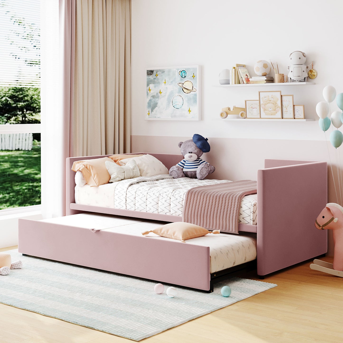 Toei Twin Size Upholstered daybed with  PopUp Trundle - Pink