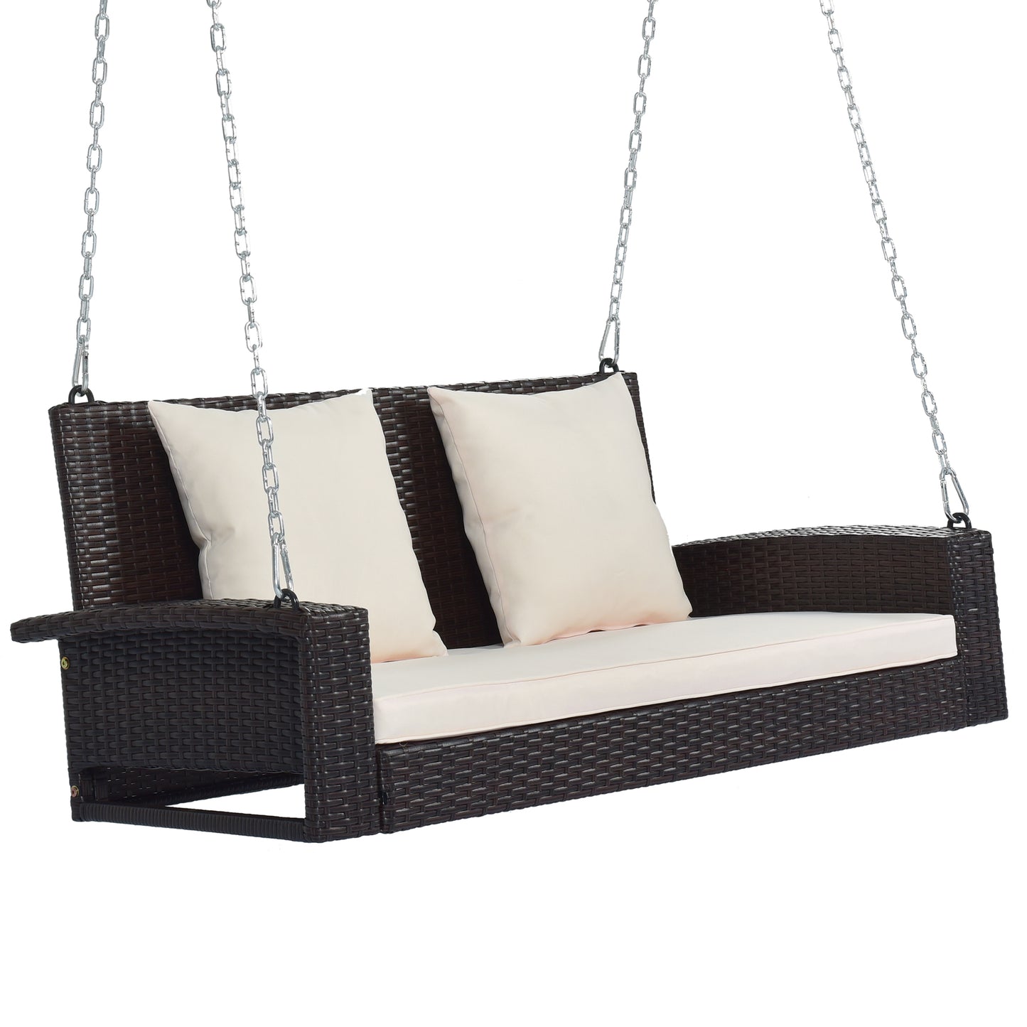 Paz 2-Person Wicker Hanging Porch Swing (Brown Wicker, Beige Cushion)