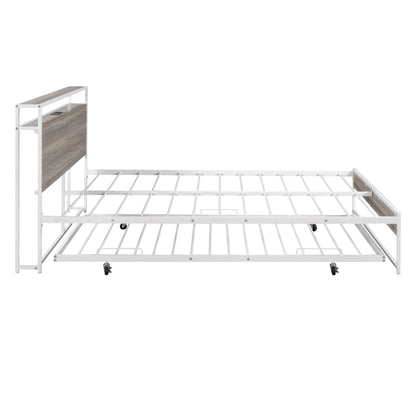 Draven Queen Size Metal Platform Bed Frame with Trundle - White