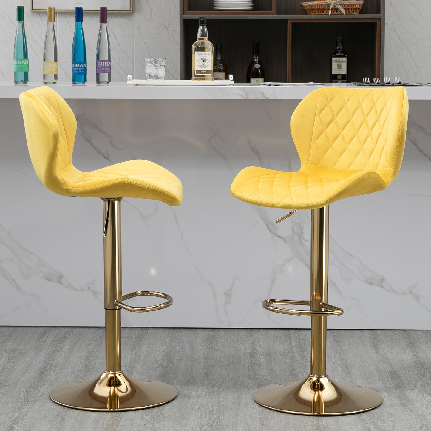 Beatrice Velvet Adjustable Swivel Bar Stool - Yellow Set Of 2