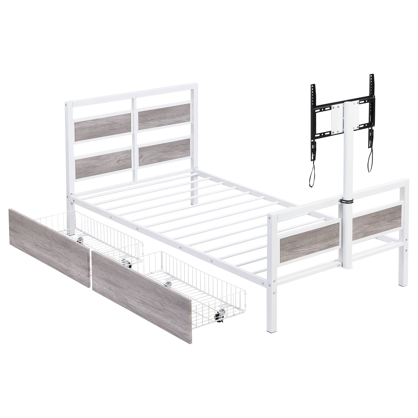 Rosy Twin Size Metal Platform Bed w Rotatable TV Stand - White