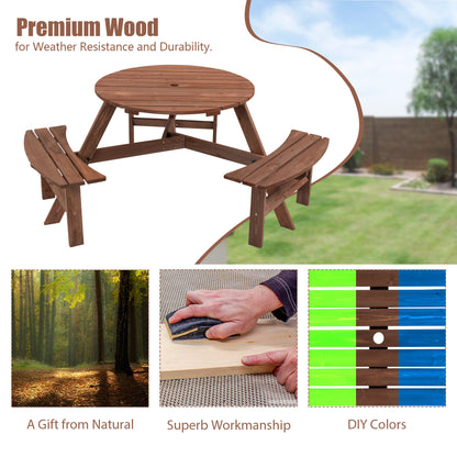 Nix 6-Person Circular Outdoor Wooden Picnic Table - Brown