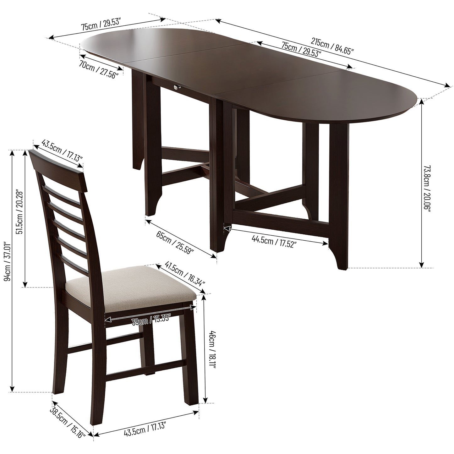 Ivan 5pc Dining Set Extendable Table 4x Side - Dark Brown