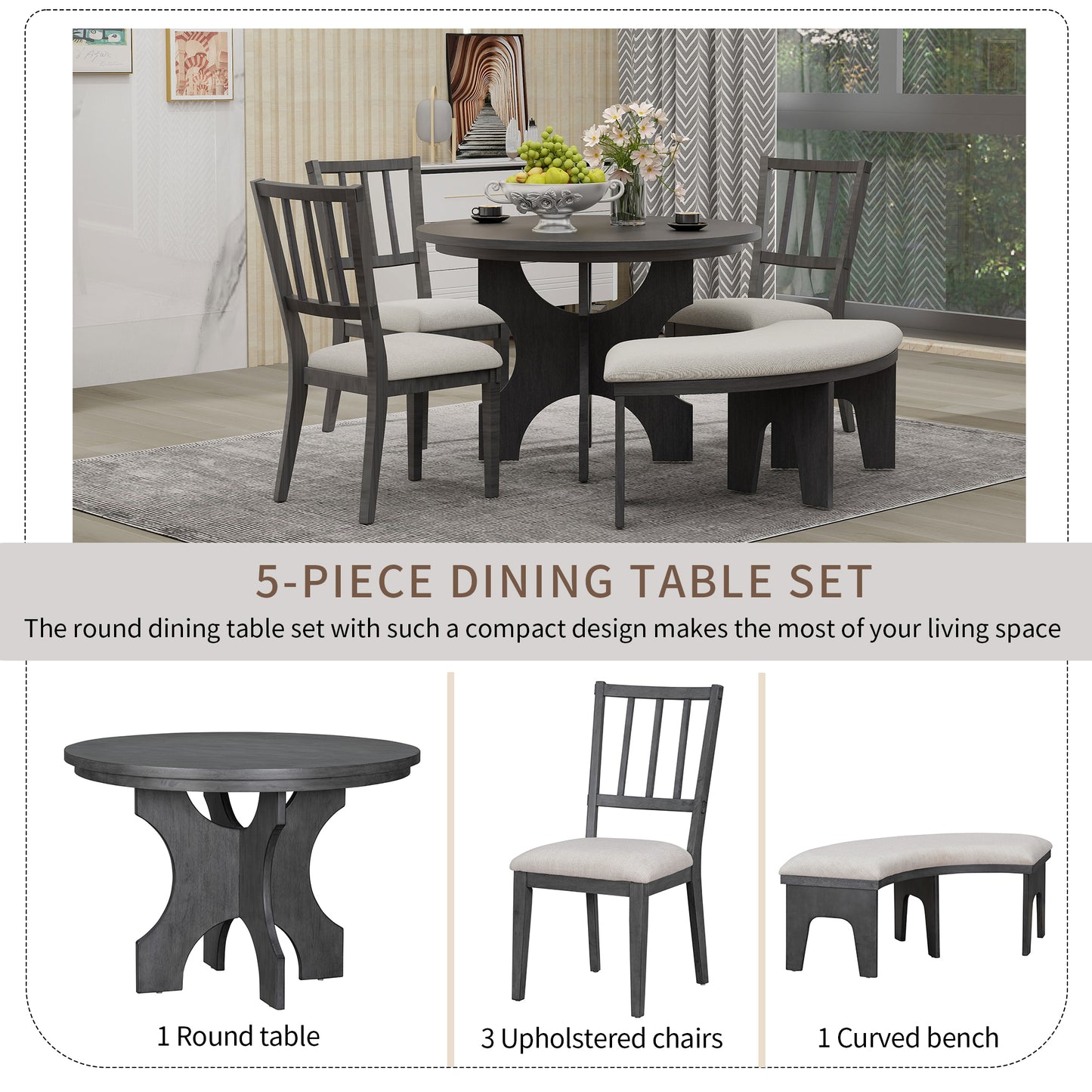 Todd 5pc Dining Set Round Table 4x Side Chairs - Gray