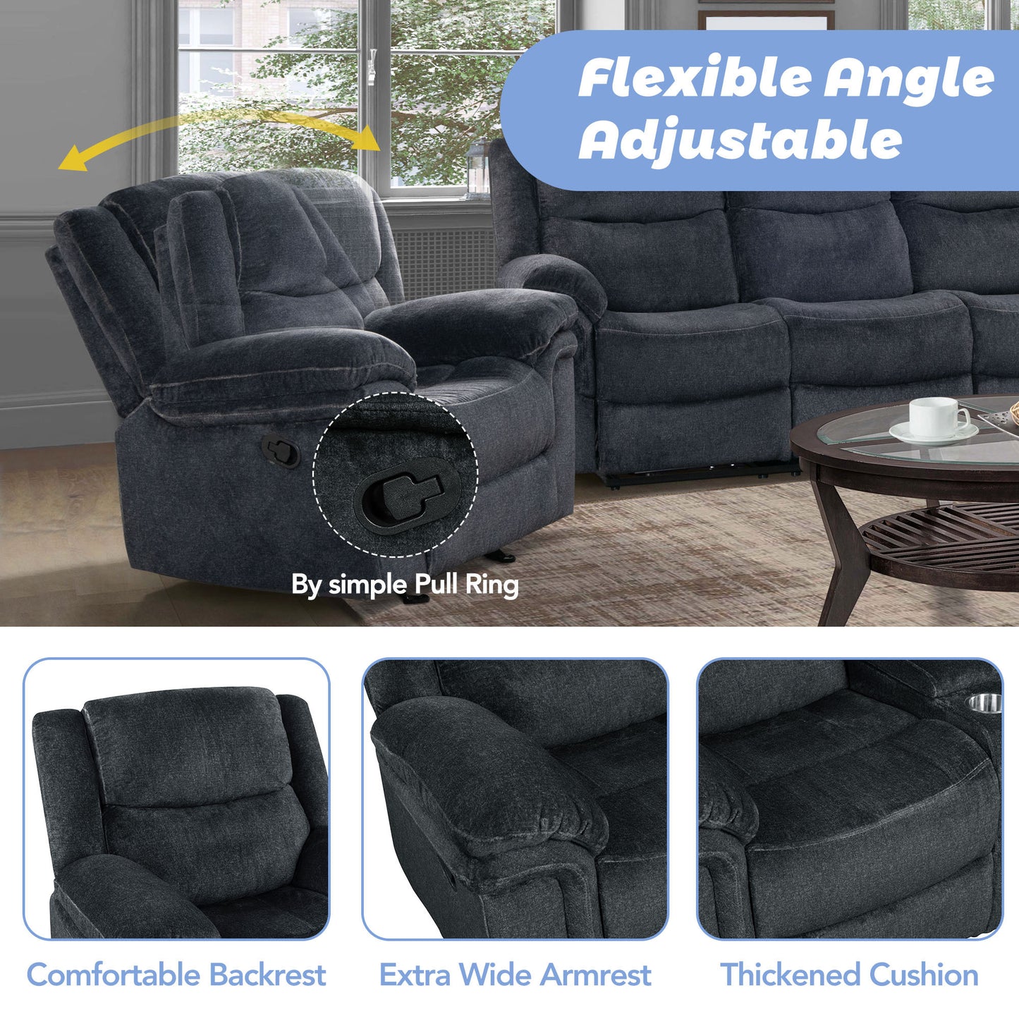 Venassa Manual Reclining Sofa - Dark Blue