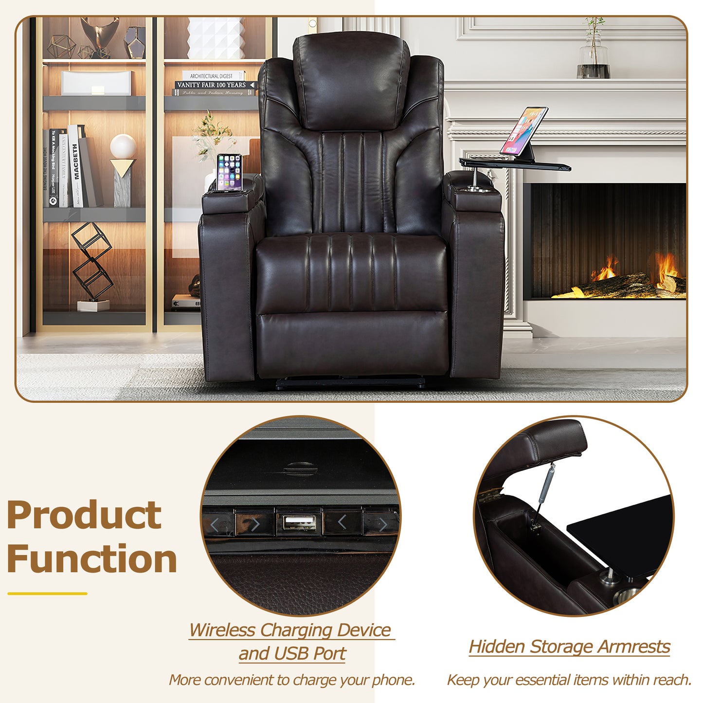 Morris PU Leather Power Recliner - Brown