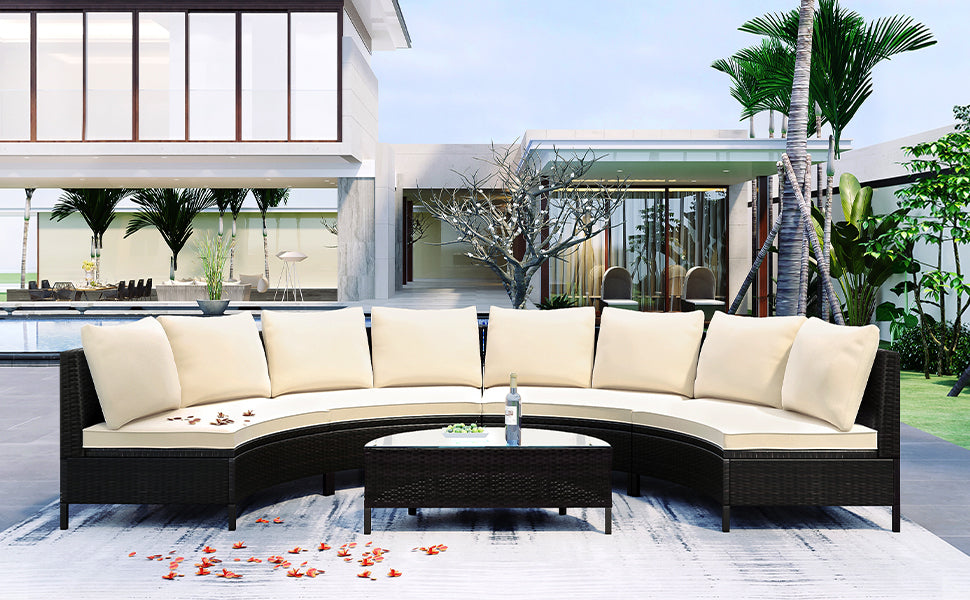 Nolen 5 Pc Patio Rattan Half Round Sectional Sofa Set - Beige