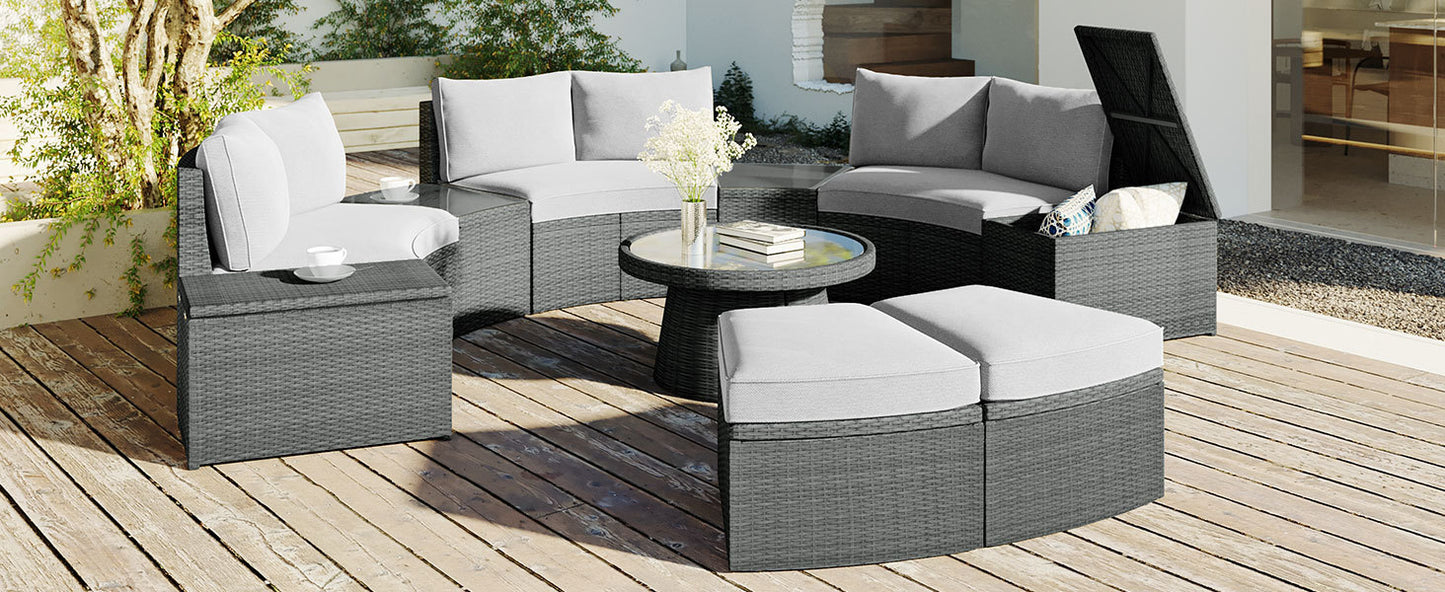 Clarkson 10 Pc Patio Rattan Half Round Sectional Sofa Set - Light Gray