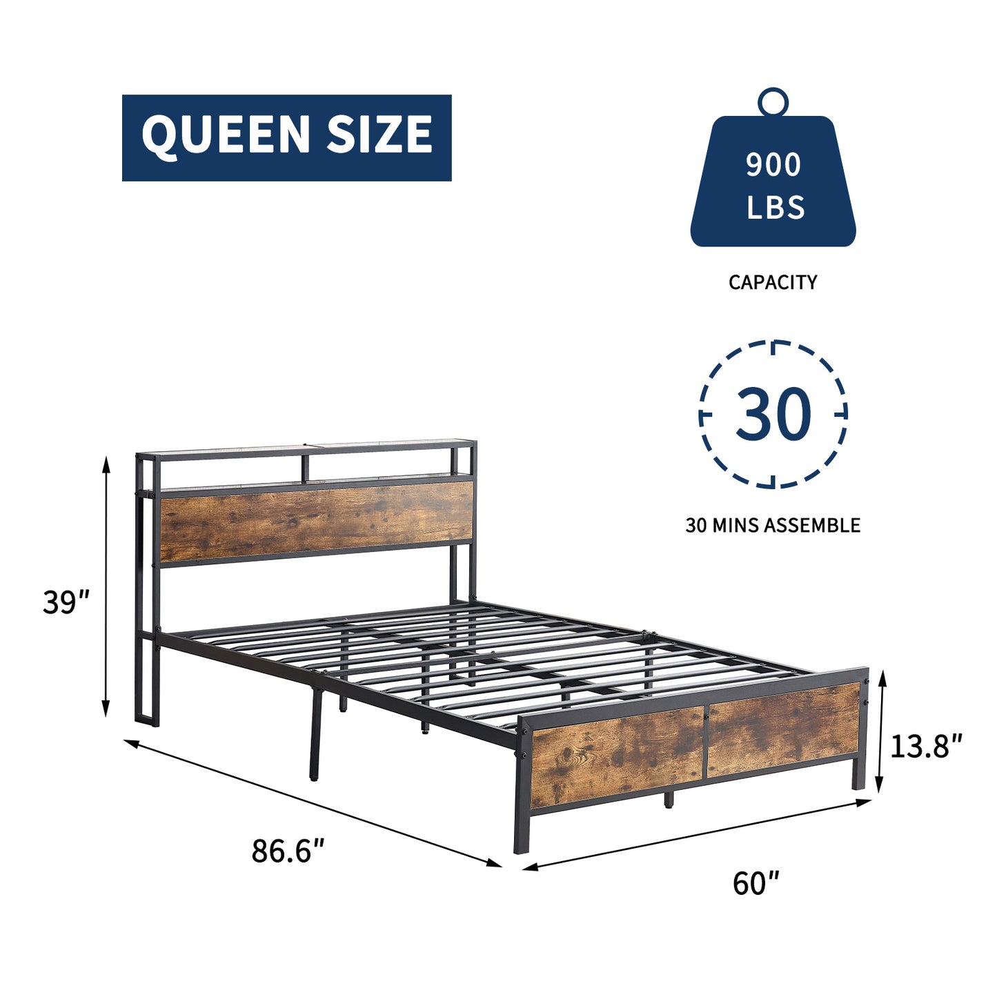 Nabi Queen Size Bed Frame with LED - Rustic Brown