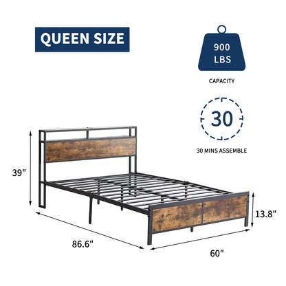 Nabi Queen Size Bed Frame with LED - Rustic Brown