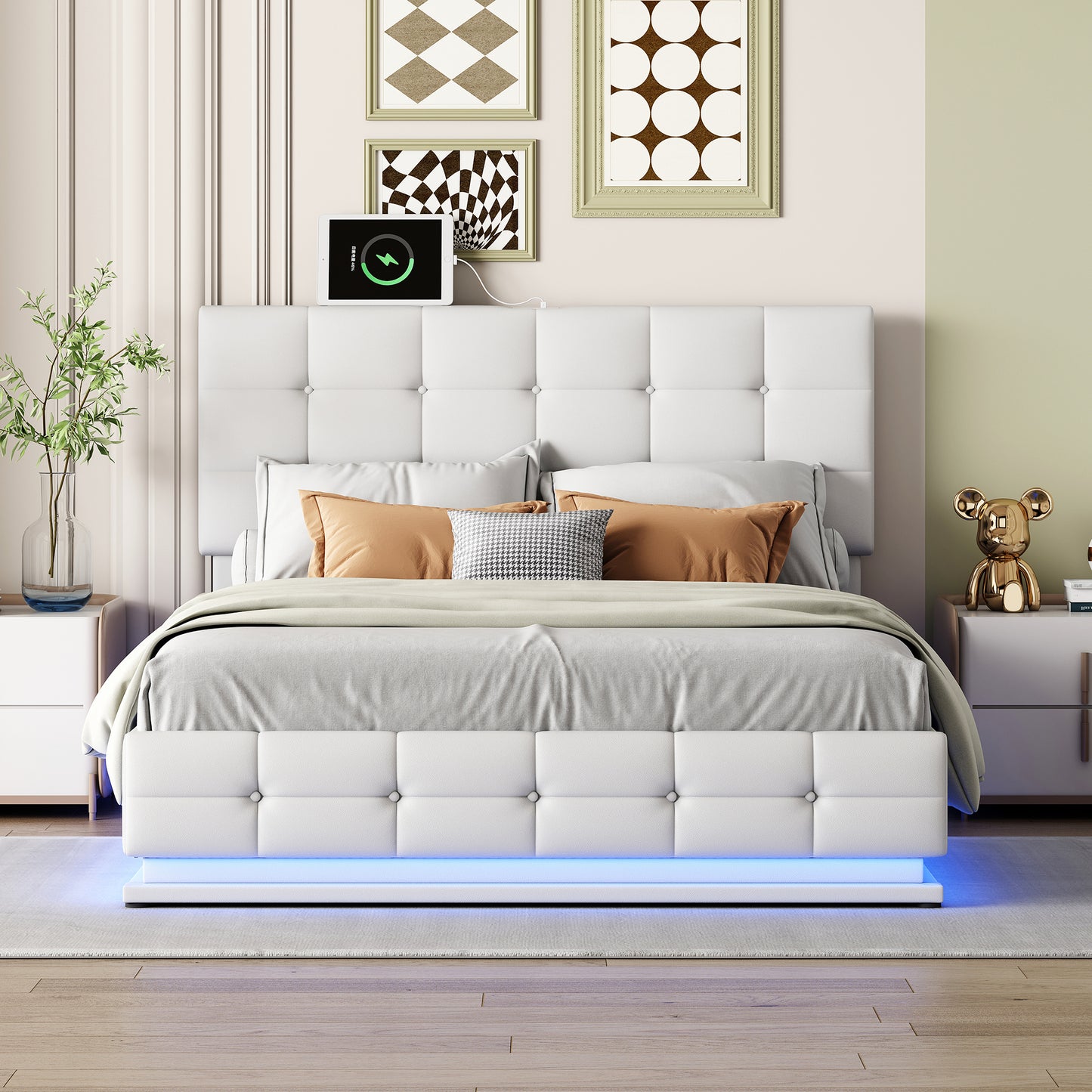 Luxury Dream Queen Bed with Smart Storage and LED Illumination - White