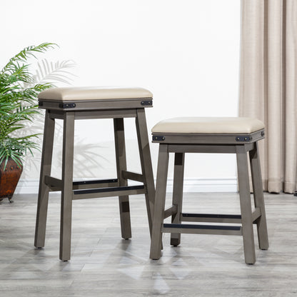 30" Bar Stool, Weathered Gray Finish, French Gray Leather Seat