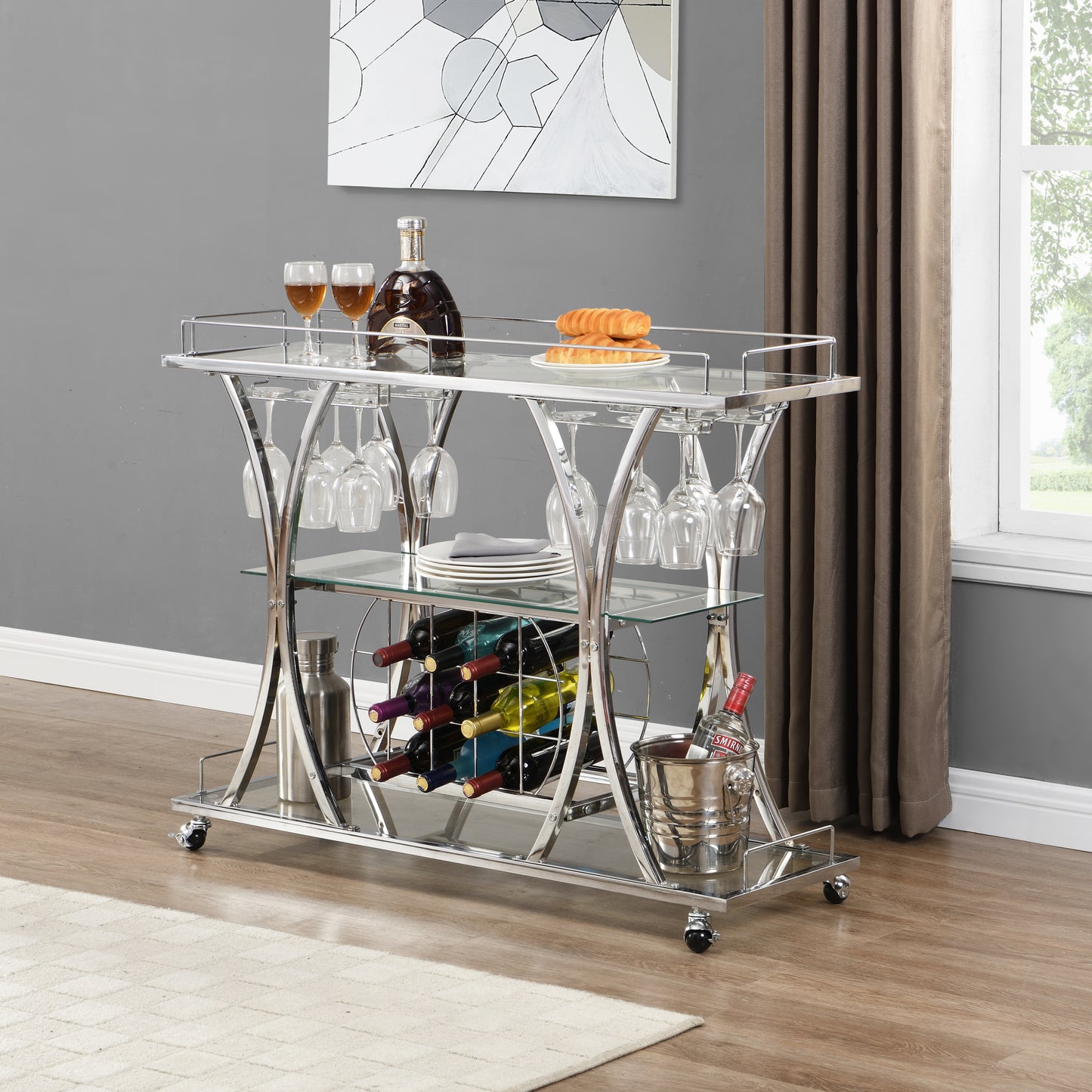 Contemporary Silver Chrome Bar Cart