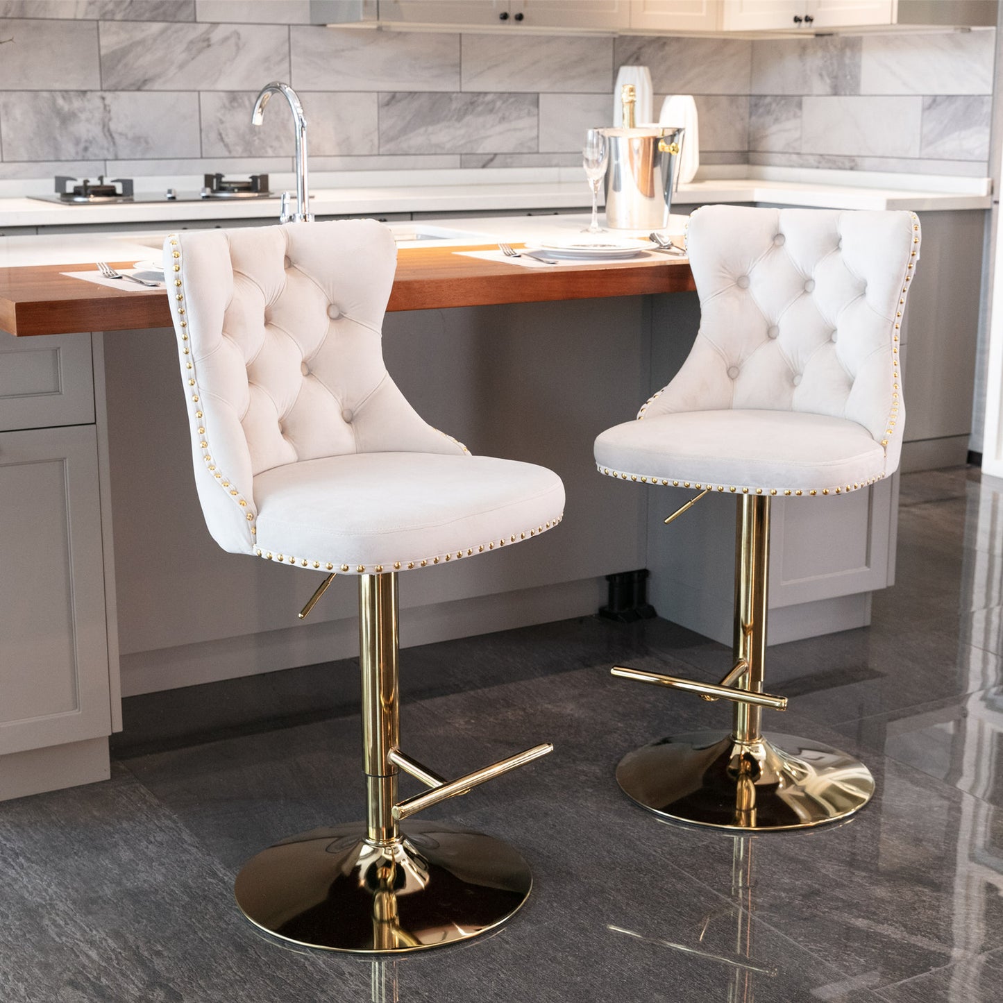 Stellar Golden Swivel Velvet Barstools Adjusatble Height - Beige  Set of 2