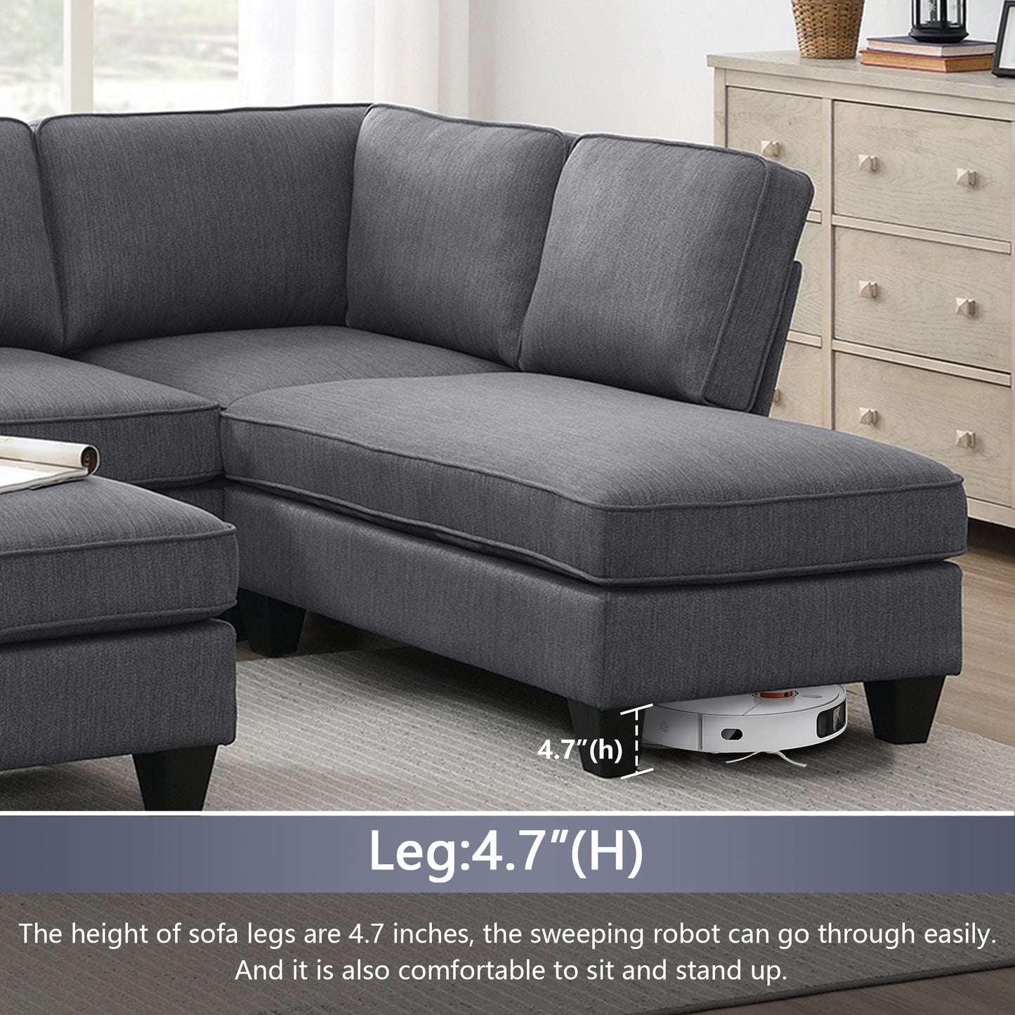 Vortex 7-seat Linen Fabric L-shaped Sectional Sofa - Gray