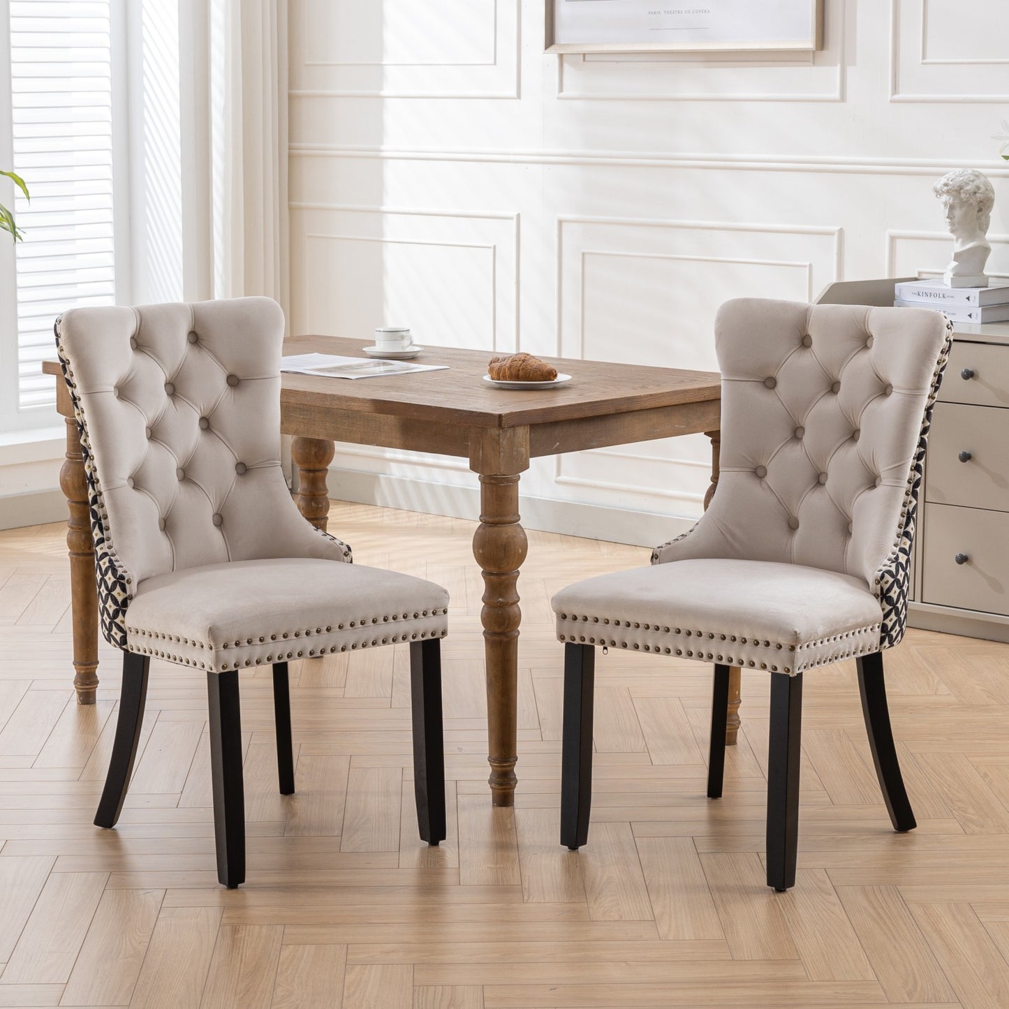 Nikki Velvet Dining Chair w Patterned (Set of 2) - Beige